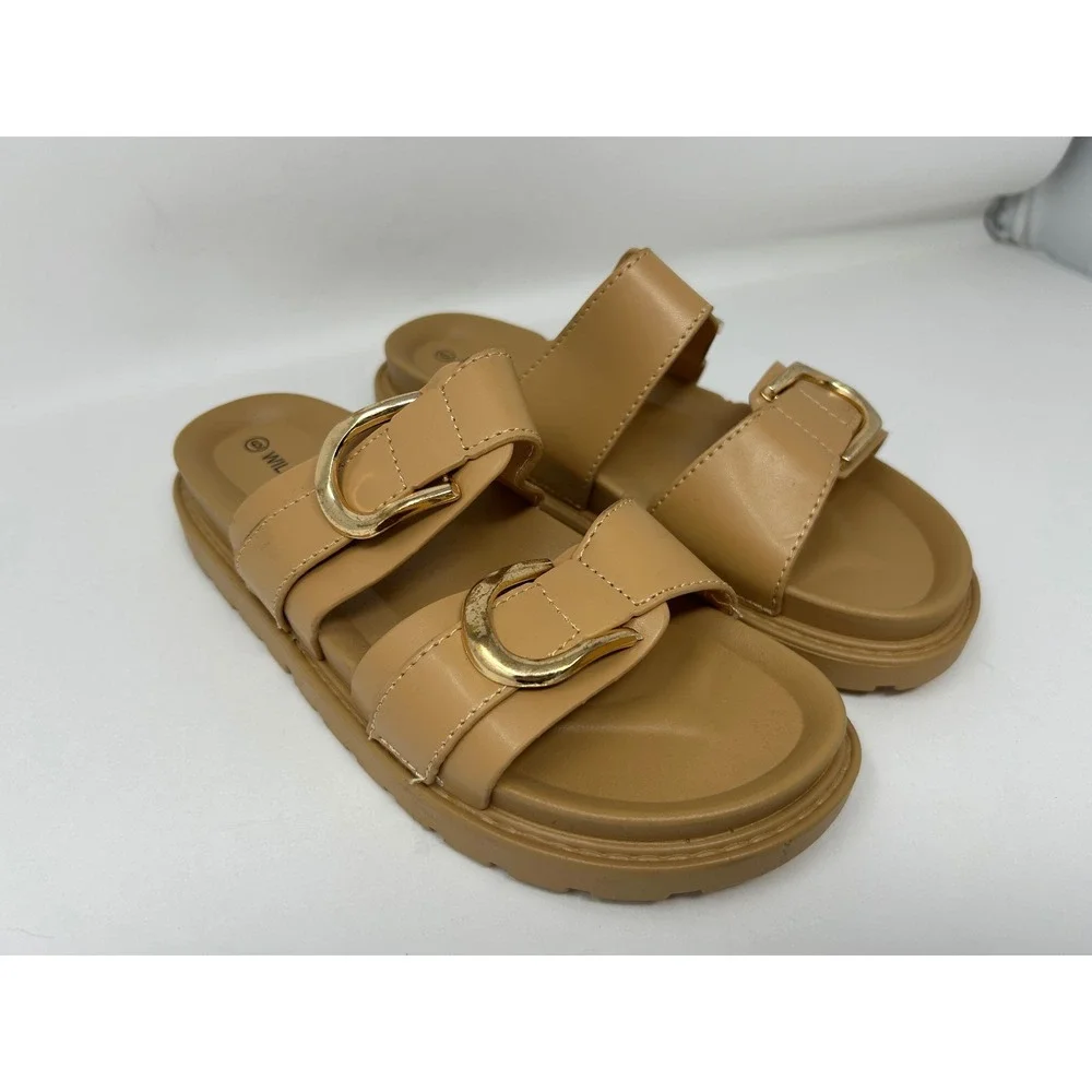 Wild Diva Lounge Tan Platform Slide Sandals Gold Buckle Double Strap Womens 6